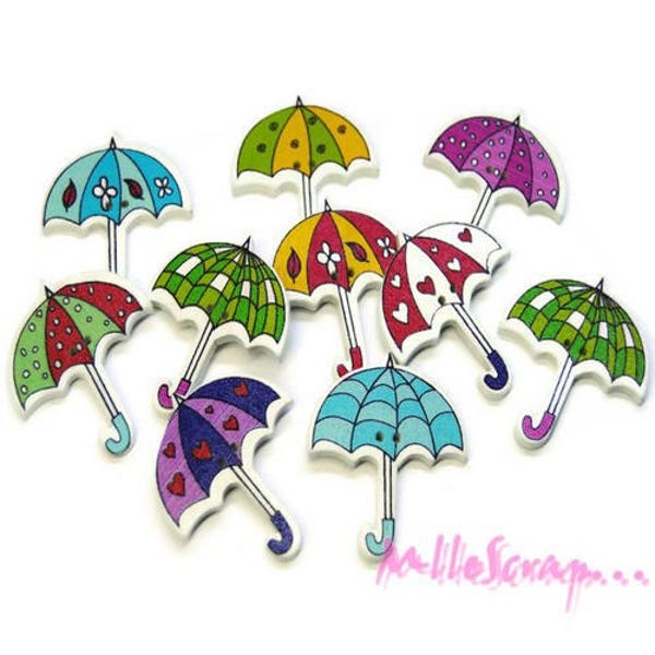 Boutons bois, boutons décorés, boutons parapluies, boutons scrapbooking, 10 pièces