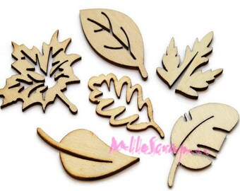 Cut-outs wood leaves, wood leaves, scrapbooking embellishments, 6 pieces