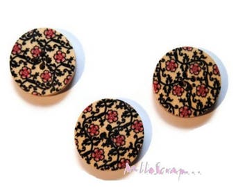 Boutons bois, boutons fleurs, boutons scrapbooking, 5 pièces