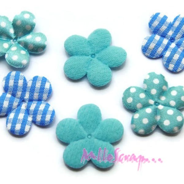 Appliques fleurs, fleurs tissu, fleurs bleues, embellissement fleurs, fleurs scrapbooking, 6 pièces