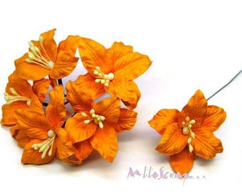 Fleurs papier, fleurs orange, embellissement fleurs, fleurs scrapbooking, 5 pièces