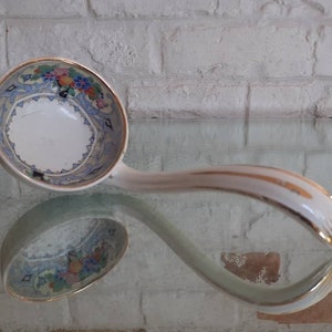Vintage Ceramic Small Sauce Ladle with Printed Design & Gold Accents!