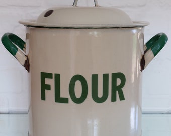 Vintage LARGE Enamel Flour Canister Green & Cream Enamelware c1920s- 30s