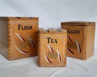 Vintage Farmhouse Set of 3 Wooden Caddy Tea- Sugar- Flour Storage Canisters- Stacking Campervan