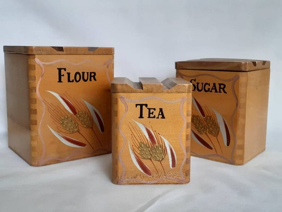 Vintage Farmhouse Set of 3 Wooden Caddy Tea- Sugar- Flour Storage Canisters- Stacking Campervan
