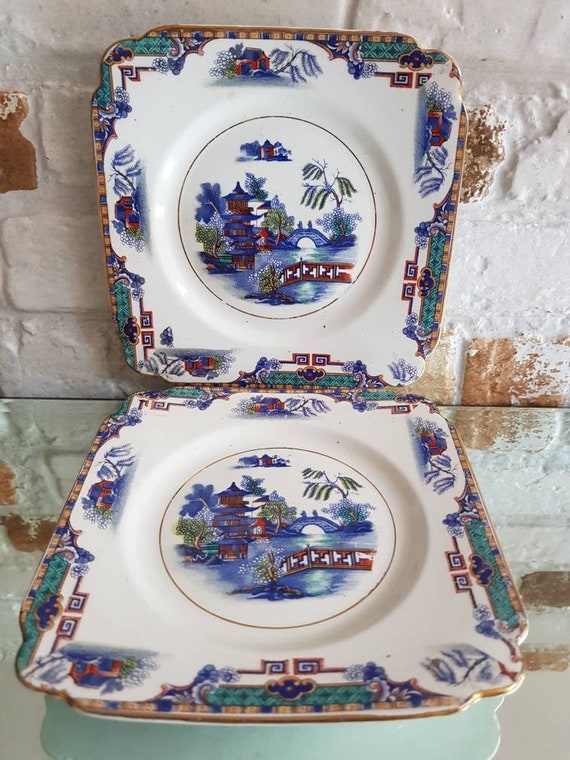 Antique Set of 2 Square Shaped Small Coloured Porcelain 6 Plates Etsy Canada