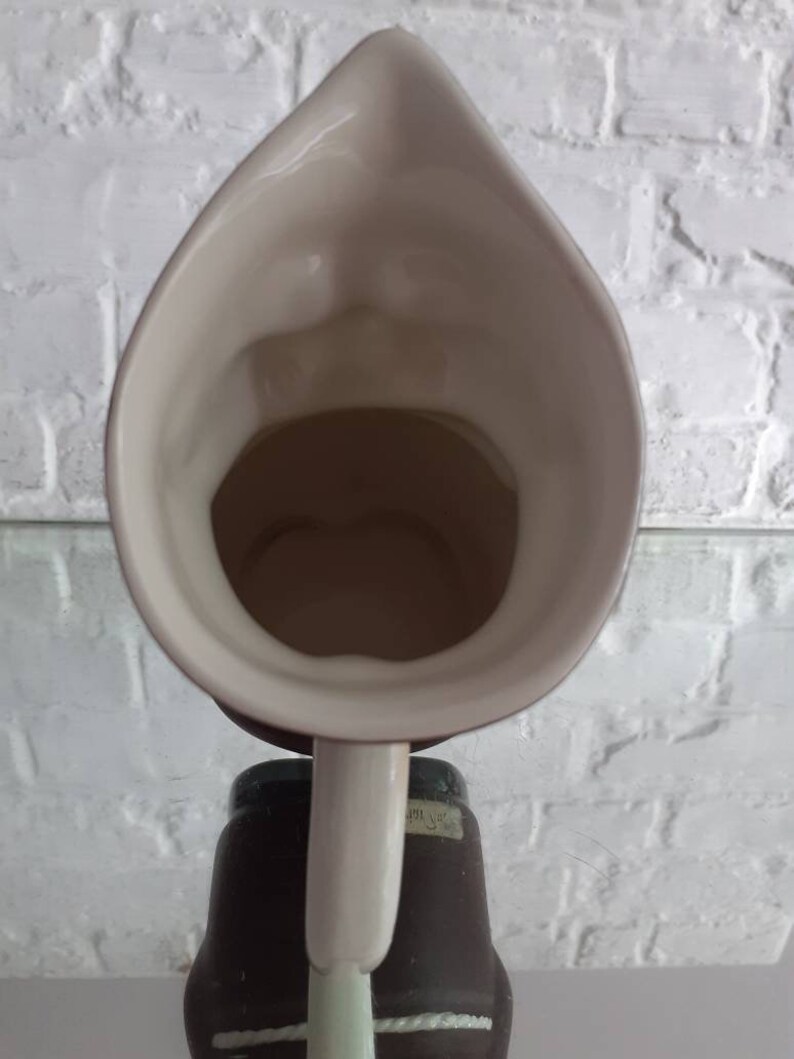 May include: A cream-colored ceramic pitcher with a long, curved spout and a handle. The pitcher has a wide opening and a dark interior. The handle is a light cream color, and the base is a dark brown color.