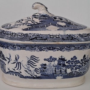 Scarce Antique 19th Century Staffordshire &quot;Willow&quot; Pattern Massively LARGE Tureen/ Covered Dish!