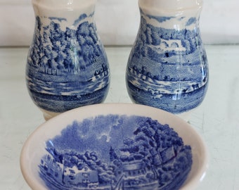 Rare "Palissy Avon Scenes 1790" Salt And Pepper Shakers + Small Condiment Dish "Thames River Scenes"