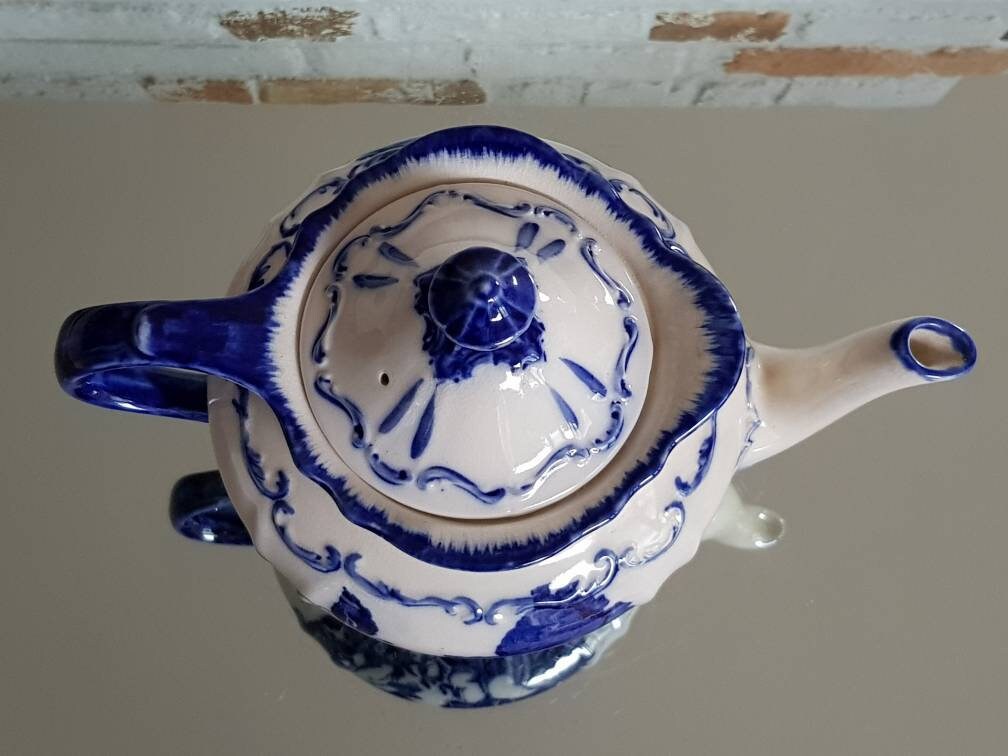 Vintage Sadler Ironstone Large Blue White Teapot Etsy