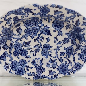 Könnte beinhalten: Ovale Servierschale mit gewelltem Rand. Die Schale hat einen weißen Hintergrund mit einem blauen Blumenmuster. Die Blumen und Blätter sind aufwendig gestaltet und erzeugen einen klassischen und eleganten Look. Ideal zum Servieren von Speisen.