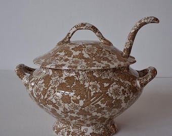 Burgess & Leigh Brown/ White Chintz Sauce Gravy Tureen + Ladle c1920