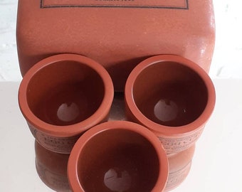 Henry Watson Pottery Lot of 4 Terracotta Pieces- 3 Egg Cups + Butter Cooler Lid- (No Base)