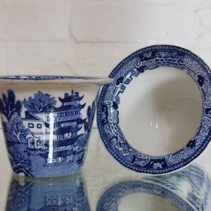 May include: Two blue and white porcelain bowls with a classic Willow pattern. One bowl is upright, displaying the detailed landscape scene, while the other is tilted, revealing the interior. The bowls are on a reflective surface.
