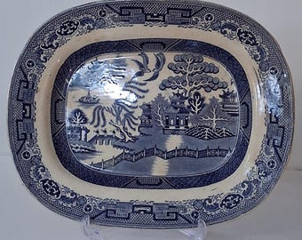 Antique JM & CO Willow Pattern LARGE 14" Serving Stoneware Plate, England c1900