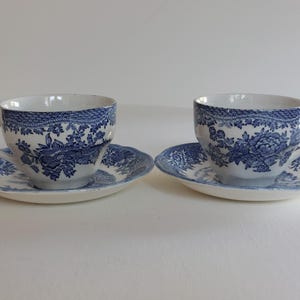 Antique Pair Tea Cups + Saucers &quot;English Village&quot; Olde Staffordshire Salem China!