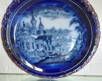 Antique Victorian Semi Porcelaine Transfer Flow Blue LARGE 10.2" Plate c.1800s