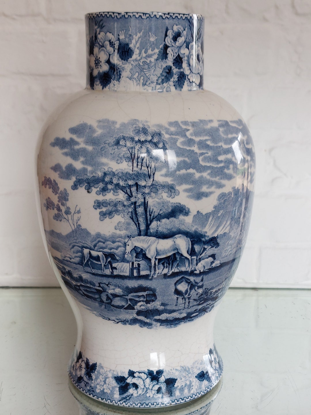 Fabulous Antique Blue & White Transfer LARGE HEAVY VASE Etsy