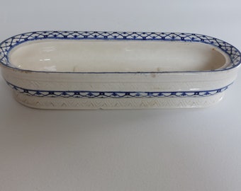 A Rare Antique Blue White B&L Hill Pottery Toothbrush- Pen Rest Ceramic Dish c1900