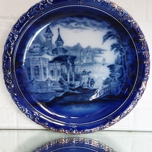Antique Victorian Flow Blue Indian Palace Scene Large 10&quot; Plate c1800s
