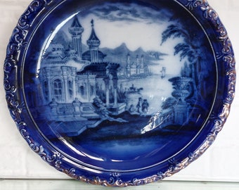 Antique Victorian Flow Blue Indian Palace Scene Large 10" Plate c1800s