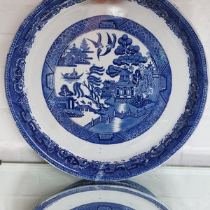 May include: A blue and white ceramic plate with a classic Willow pattern design. The plate features a detailed landscape scene with a bridge, trees, and birds. The rim has a decorative border. The plate is held by a hand.