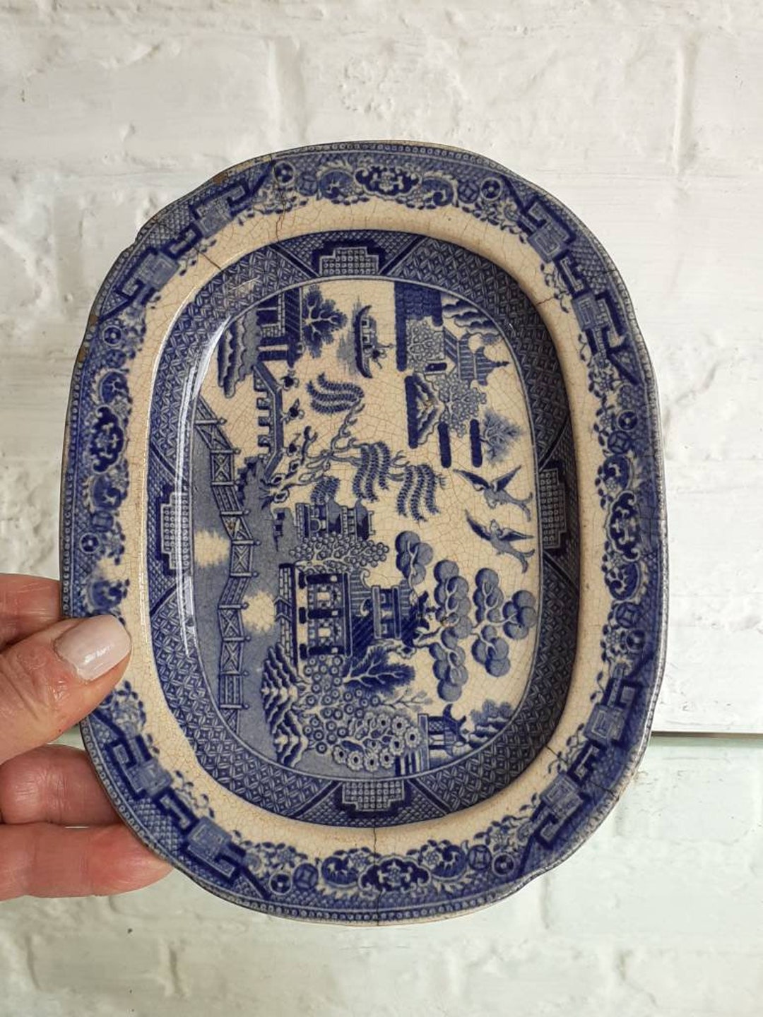 Antique Small Willow Pattern Serving Dish Staffordshire