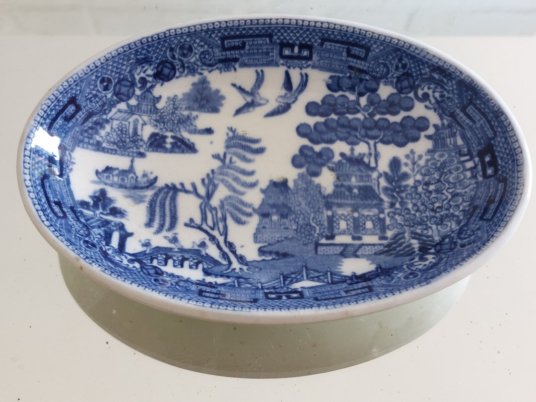 Rare Antique Wedgwood Willow Pattern Small Oval Soap/ Trinket Dish