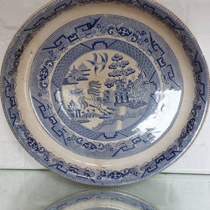 May include: A round, antique blue and white ceramic plate with a detailed landscape design. The plate features a central scene with buildings, trees, and birds, surrounded by intricate border patterns. The plate is displayed on a reflective surface.