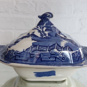 Rare Antique Crown Pottery J.T. Longton Warranted &quot;Willow&quot; Pattern Large Square Lidded Tureen c1920