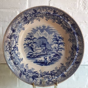 Antique Late Georgian Blue Printed 8.5&quot; Footed Soup Bowl c.1840