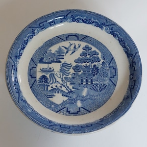 May include: A round, white ceramic plate with a blue Willow pattern design. The plate features a detailed landscape scene with bridges, trees, and birds. The rim has a decorative blue border.