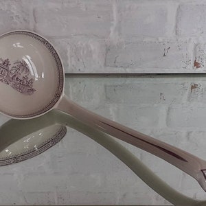 Vintage Adam&#39;s England LARGE China Soup 13&quot; Long Ladle Mauve Kyber Pattern Transfer Print c.1930
