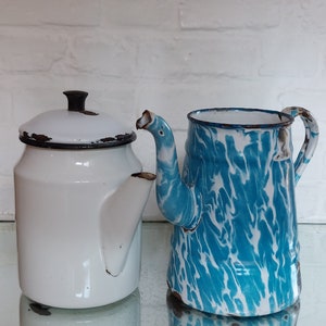 Vintage Distressed Pair of Enamel Teapots- Blue + White- Beautiful!