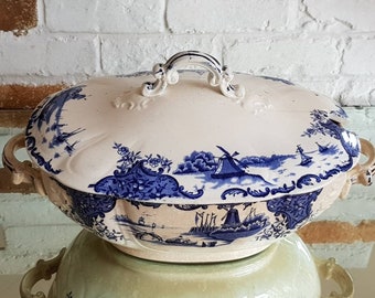 X Large Antique Blue & White Ceramic Tureen 13" Long!