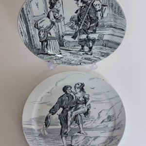 French Pair Plates Signed Comical French Antique 8&quot; Plate- L&#39; Engagement Creil Et Montereau c1890