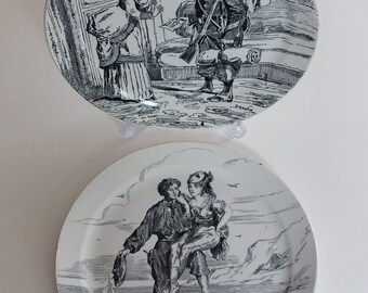 French Pair Plates Signed Comical French Antique 8" Plate- L' Engagement Creil Et Montereau c1890