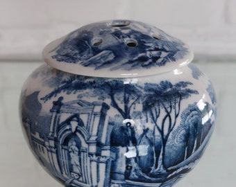 RARE Antique Blue + White Pot Pourri Lidded Jar- Cinet "Warrick Bros Ltd" London c1920