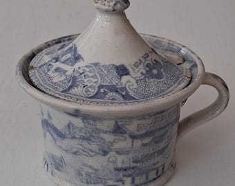 Rare Antique "Willow" Pattern Lidded Mustard Pot c1800s