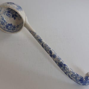 Rare Antique Blue & White Floral Pattern 14&quot; Long- Large Ladle c1850