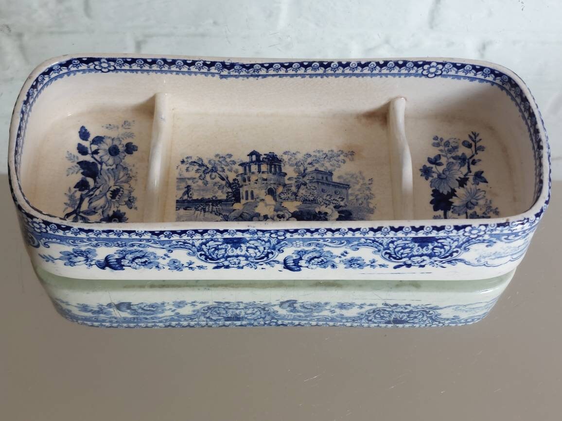 Antique Victorian Blue White Transferware Toothbrush Razor Lidded Box ...