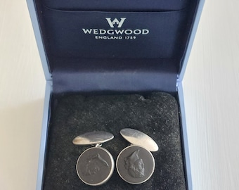 Rare Vintage Boxed Wedgwood Pair Solid Silver + Black Jasperware Cufflinks c1930s