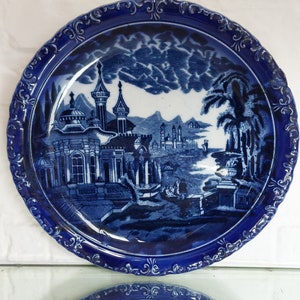 Marvelous Antique Victorian Flow Blue Transfer Large 10.2&quot; Plate c1800s