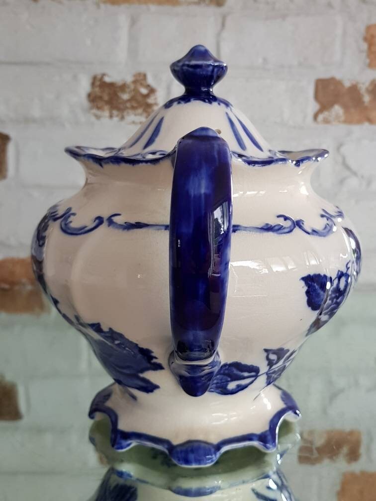 Vintage Sadler Ironstone Large Blue White Teapot Etsy
