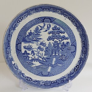 May include: A round, blue and white ceramic plate with a Willow pattern design. The plate features a detailed landscape scene with pagodas, bridges, and birds. The rim has a decorative border. The plate is displayed on a clear stand.