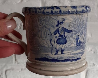 RARE Collectible Antique "Forester" Blue & White Transferware 19th Century 2 Parts LARGE Spittoon Mug- Tankard