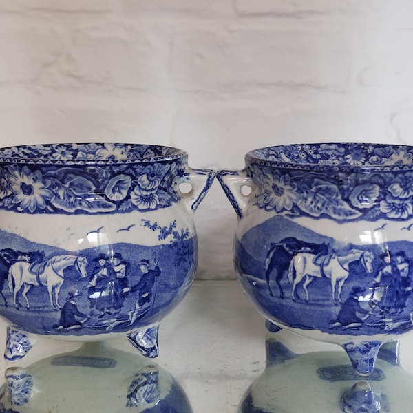 Rare Collectible "Pratts Native Scenery" Cauldron Blue + White Transferware Pair c1800- 1894