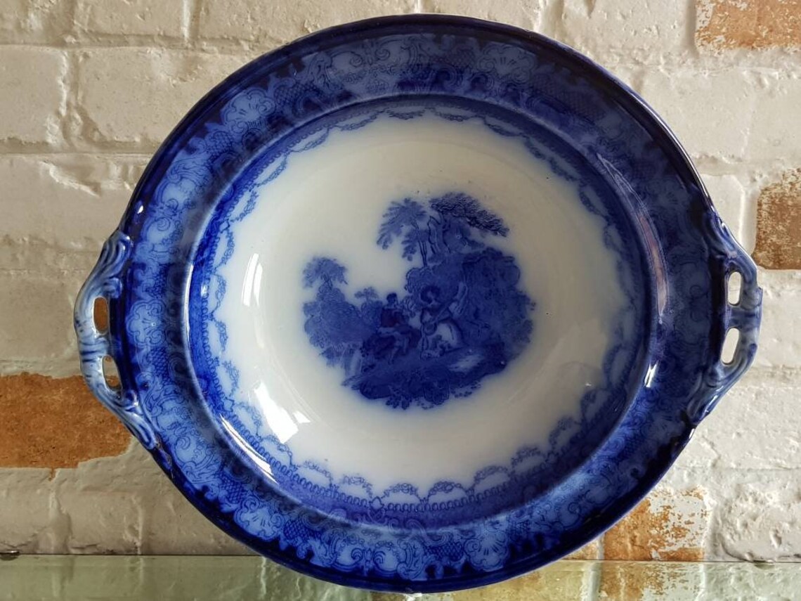 Large Antique Royal Doulton Watteau Flow Blue Bowl Etsy