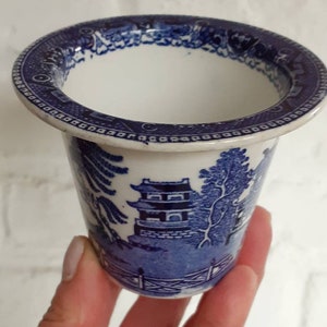 May include: A blue and white ceramic cup with a wide rim. The cup features a detailed Willow pattern design with a pagoda, trees, and a fence. The cup is held by a hand.
