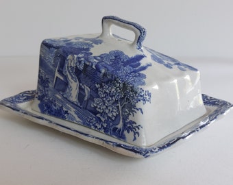 Glorious Antique Blue White Butter Dish "Georgian" Pattern c1910